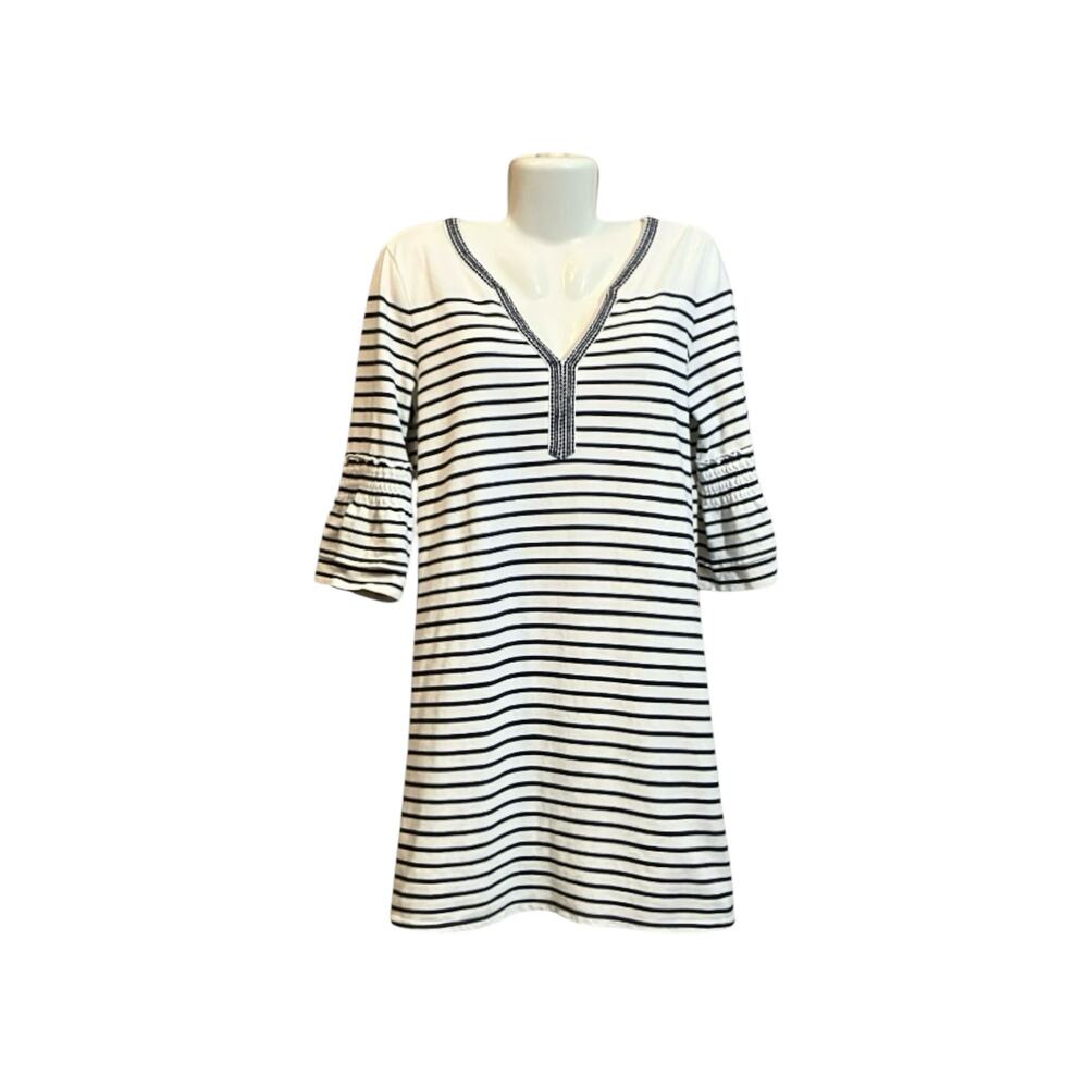 Talbots Women's Nautical Stripe Embroidered Bell Sleeve Tunic Top | Size Large